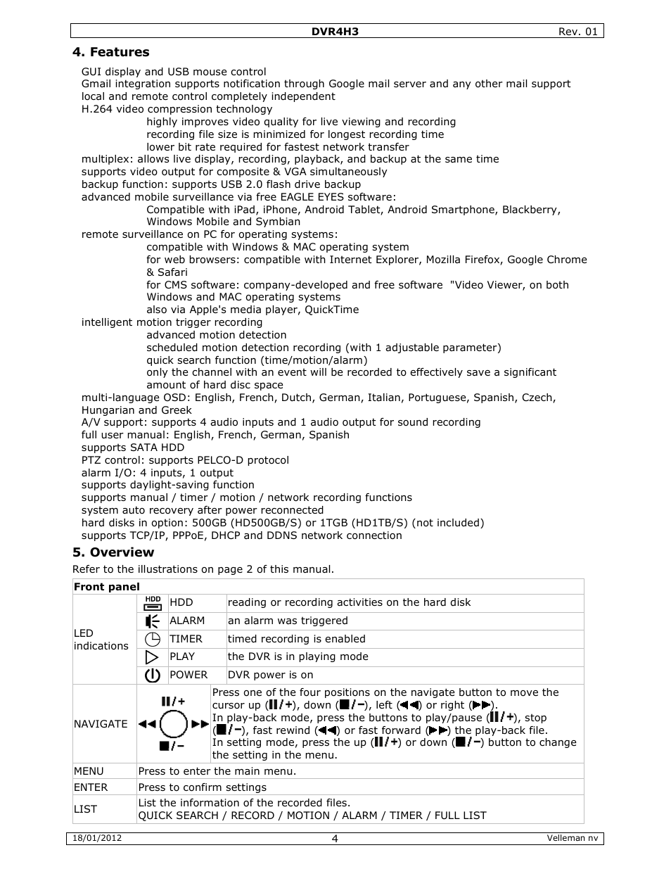 Velleman DVR4H3 Quick Installation Guide User Manual | Page 4 / 44