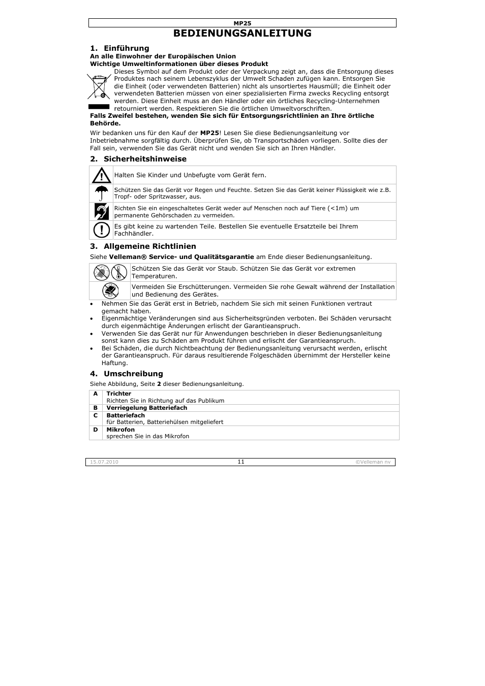 Bedie, Enungs, Anleitu | Velleman MP25 User Manual | Page 11 / 14