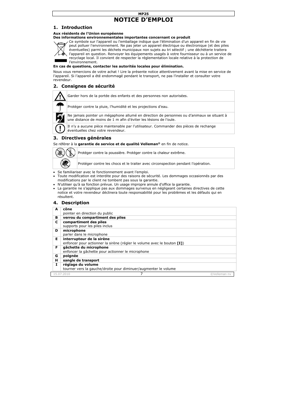 Otice d, Emploi | Velleman MP25 User Manual | Page 7 / 14