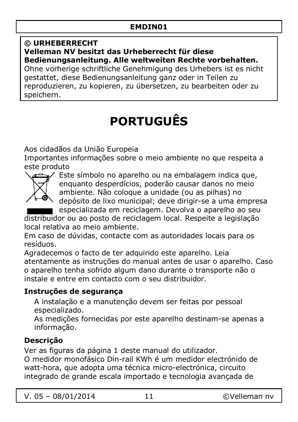 Português | Velleman EMDIN01 User Manual | Page 11 / 13