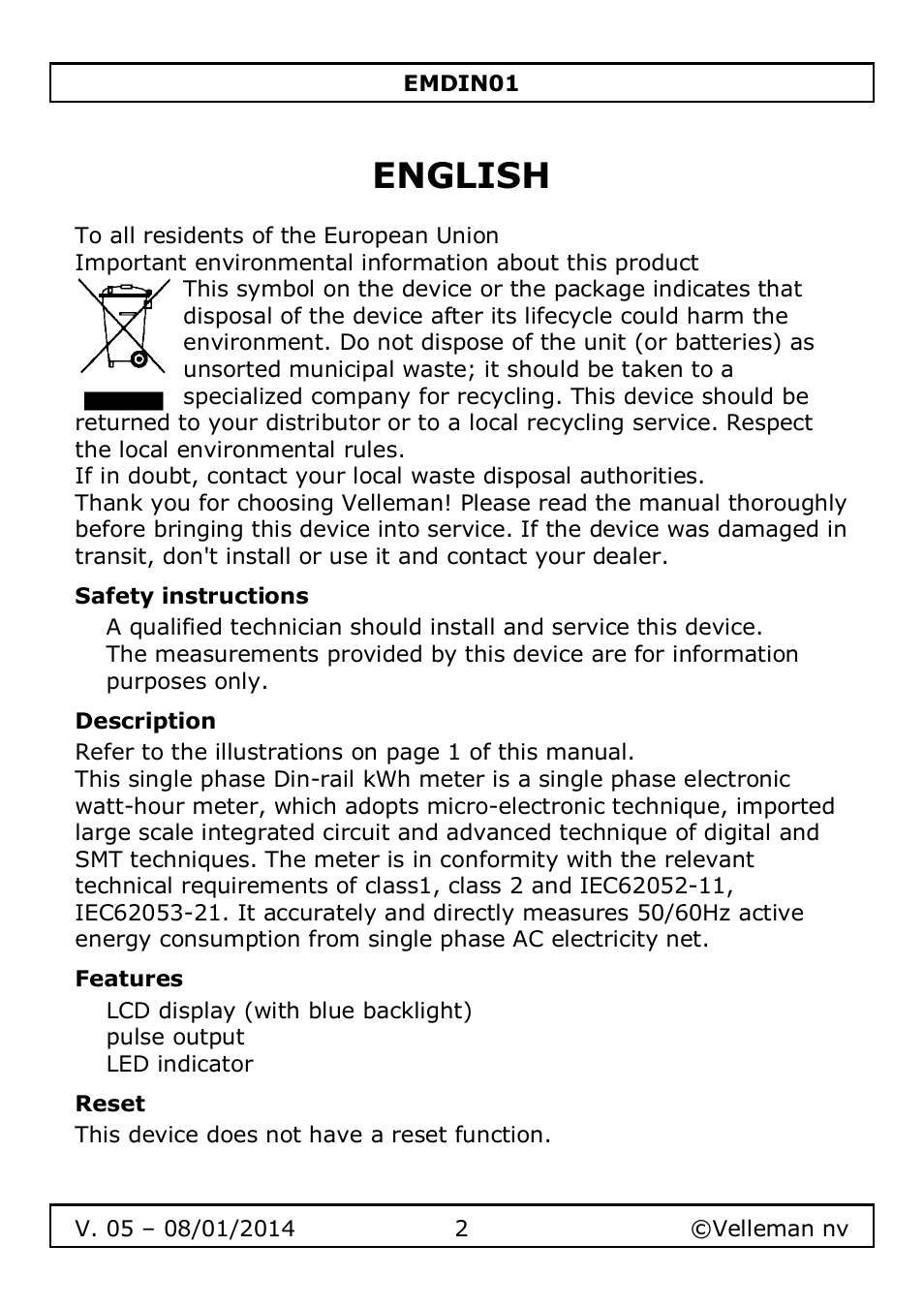 English | Velleman EMDIN01 User Manual | Page 2 / 13