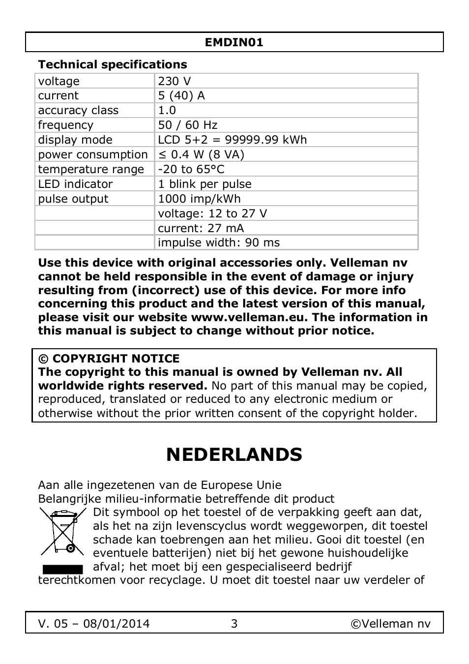 Nederlands | Velleman EMDIN01 User Manual | Page 3 / 13