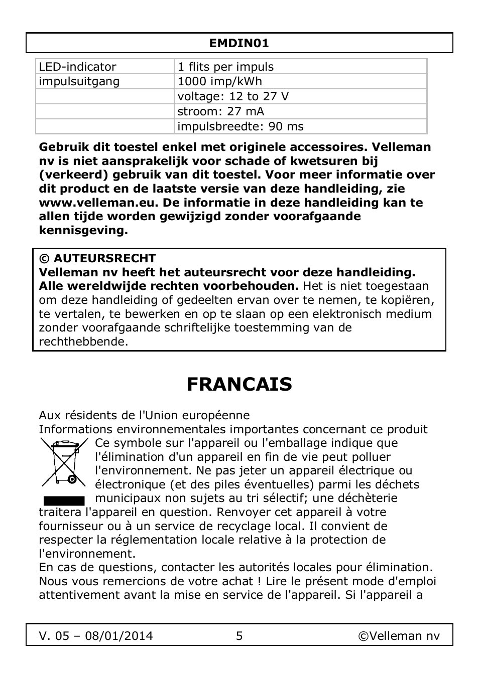 Francais | Velleman EMDIN01 User Manual | Page 5 / 13