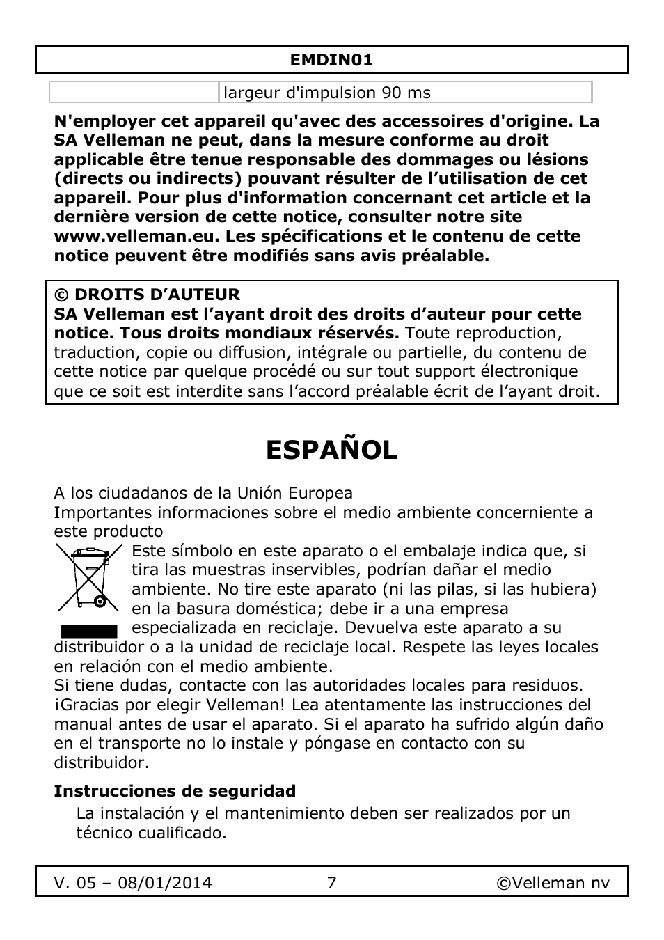 Español | Velleman EMDIN01 User Manual | Page 7 / 13