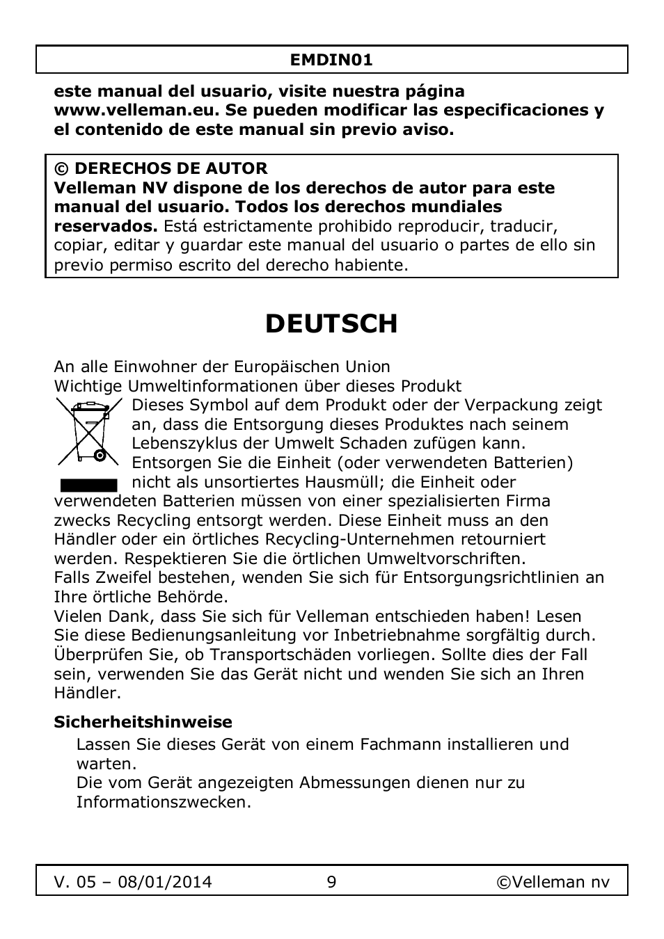 Deutsch | Velleman EMDIN01 User Manual | Page 9 / 13