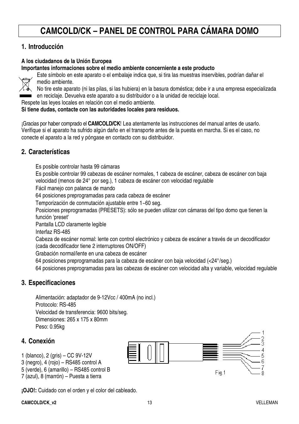 Camcold/ck – panel de control para cámara domo | Velleman CAMCOLD-CK User Manual | Page 13 / 20