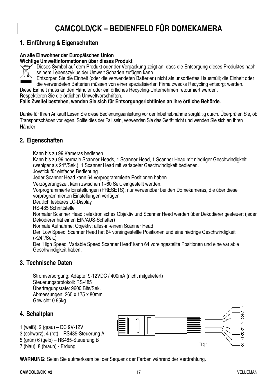 Camcold/ck – bedienfeld für domekamera | Velleman CAMCOLD-CK User Manual | Page 17 / 20