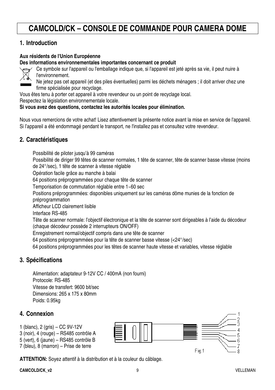Camcold/ck – console de commande pour camera dome | Velleman CAMCOLD-CK User Manual | Page 9 / 20