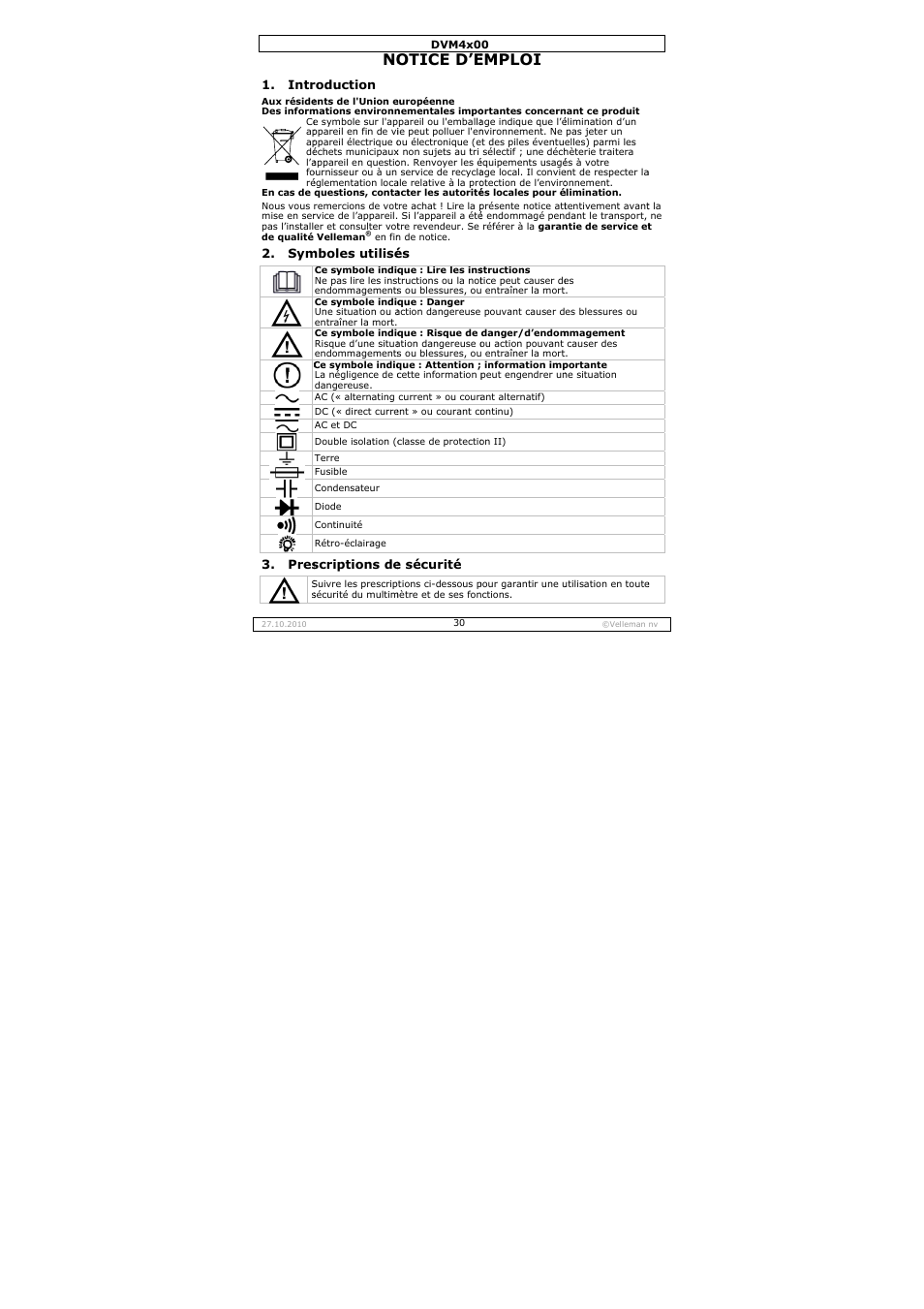 Otice d’e, Emploi | Velleman DVM4000 User Manual | Page 30 / 73