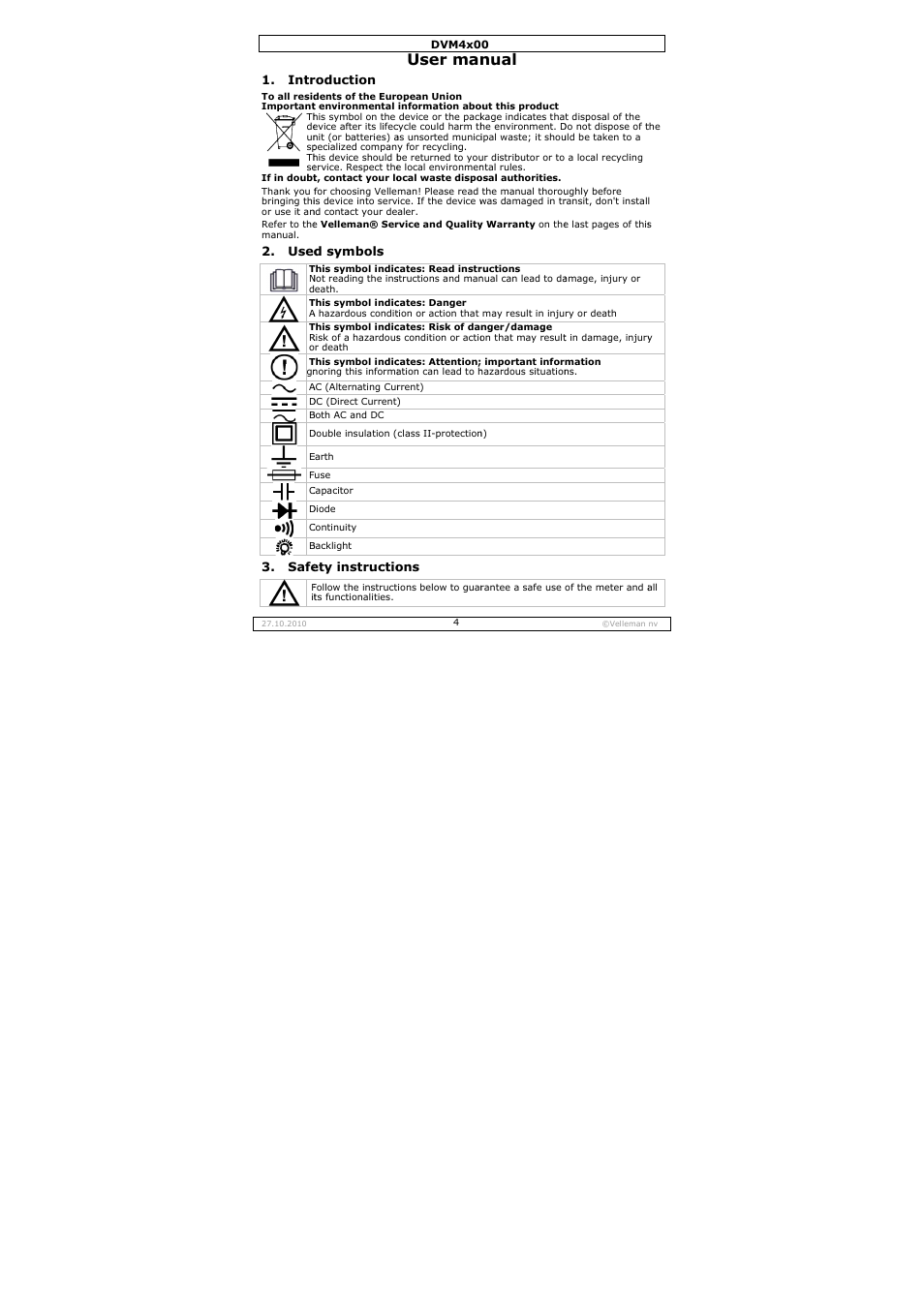 User man, Nual | Velleman DVM4000 User Manual | Page 4 / 73