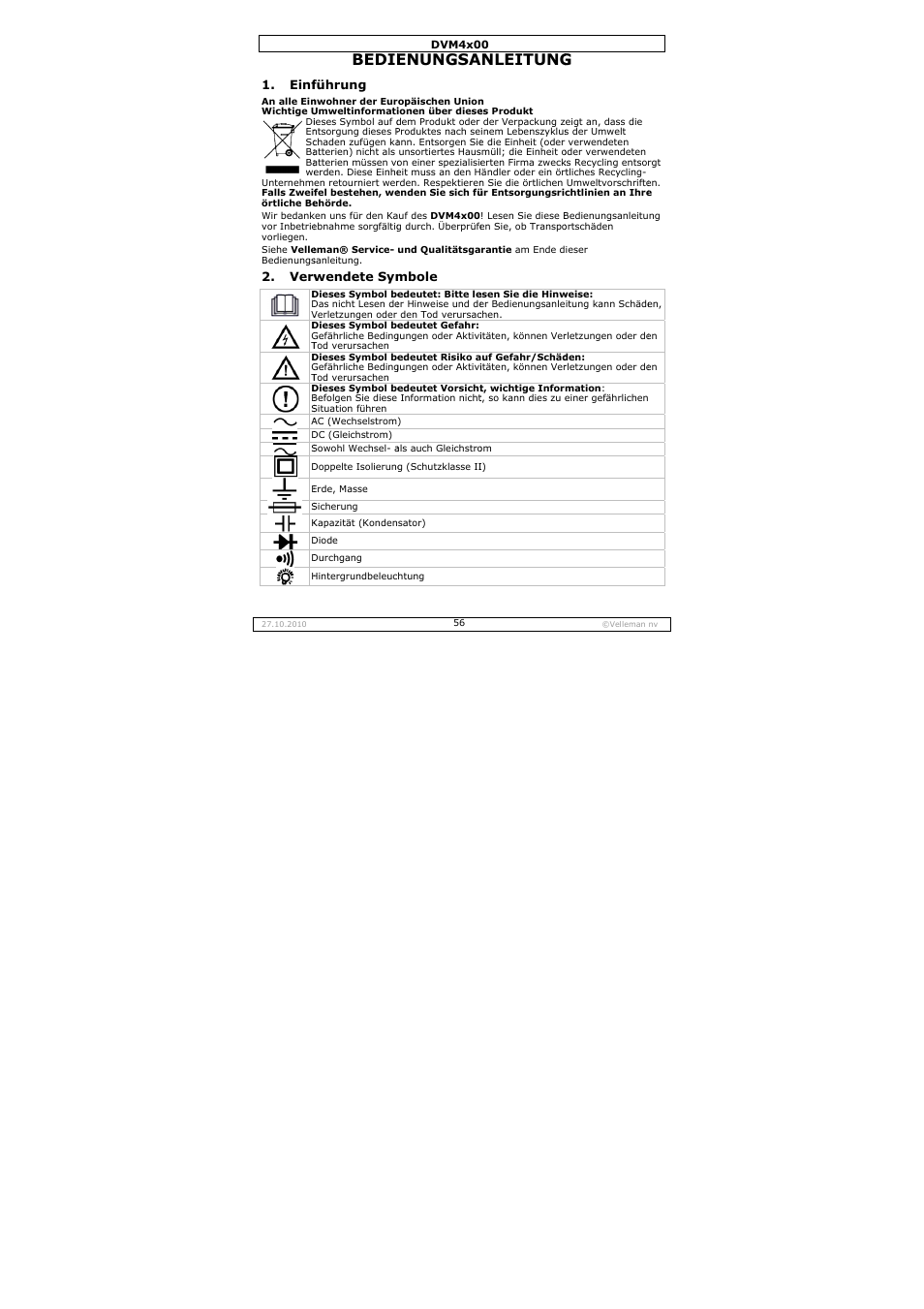 Bedie, Enungsa, Nleitung | Velleman DVM4000 User Manual | Page 56 / 73