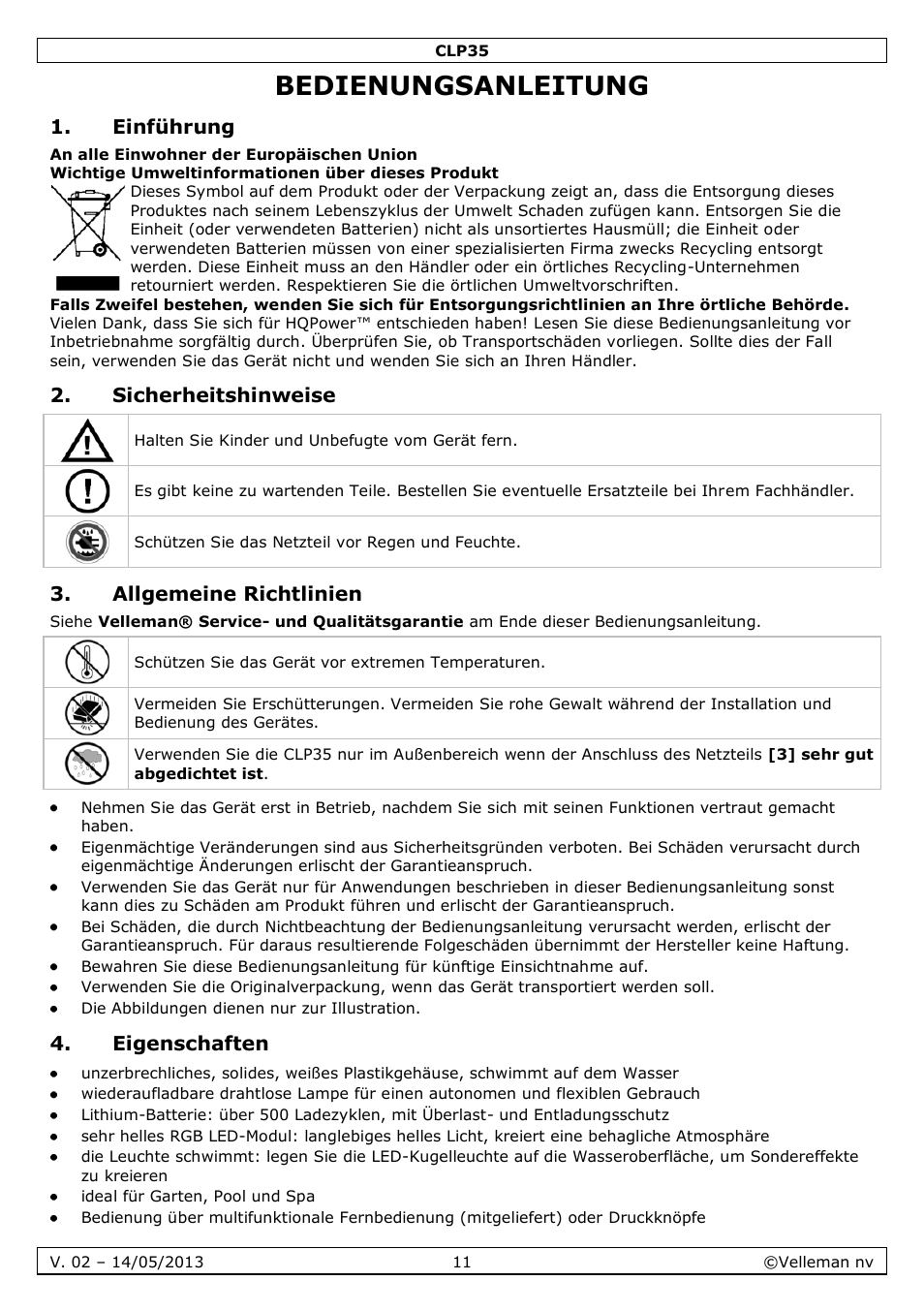 Bedienungsanleitung, Einführung, Sicherheitshinweise | Allgemeine richtlinien, Eigenschaften | Velleman CLP35 User Manual | Page 11 / 14