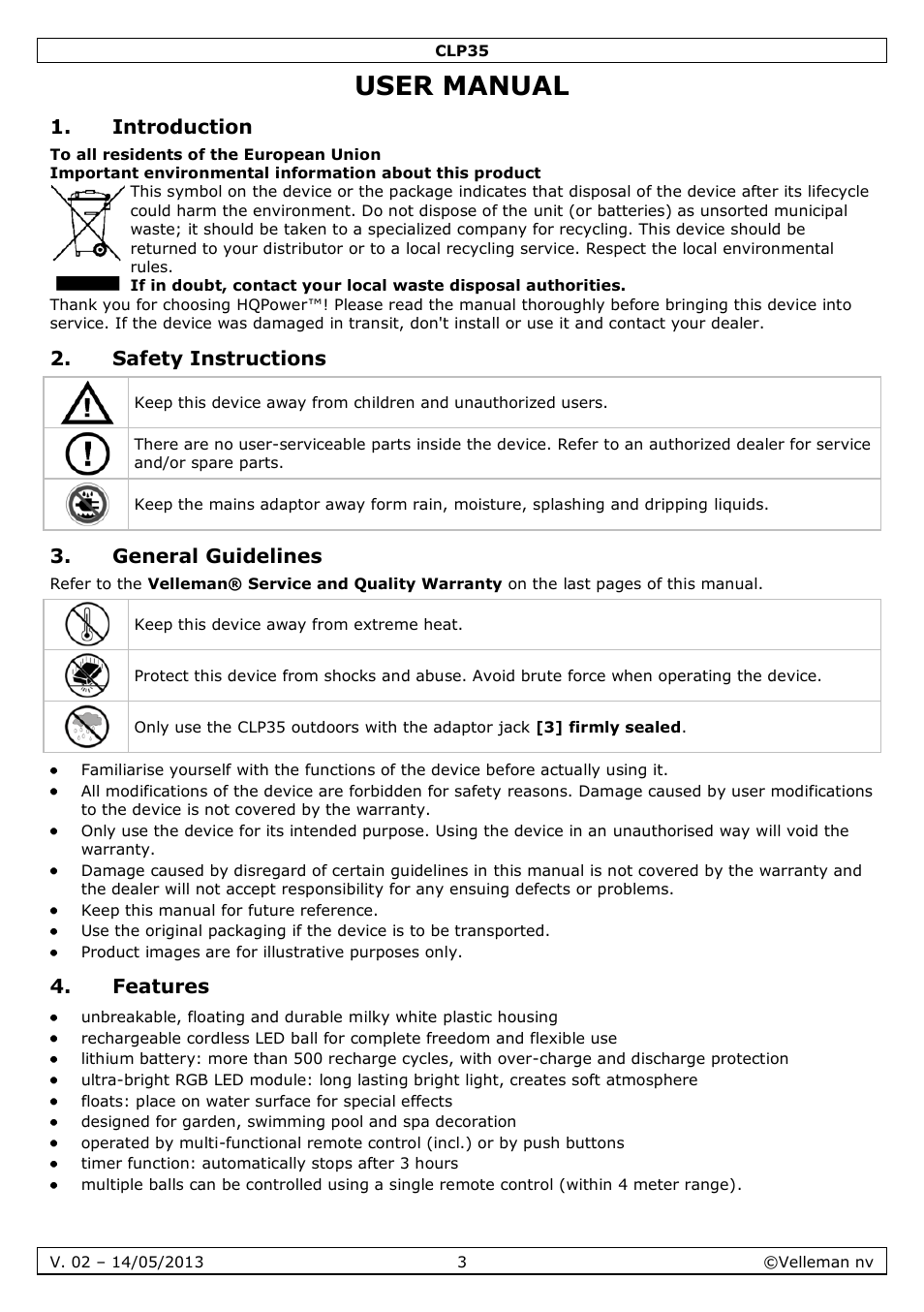 User manual, Introduction, Safety instructions | General guidelines, Features | Velleman CLP35 User Manual | Page 3 / 14