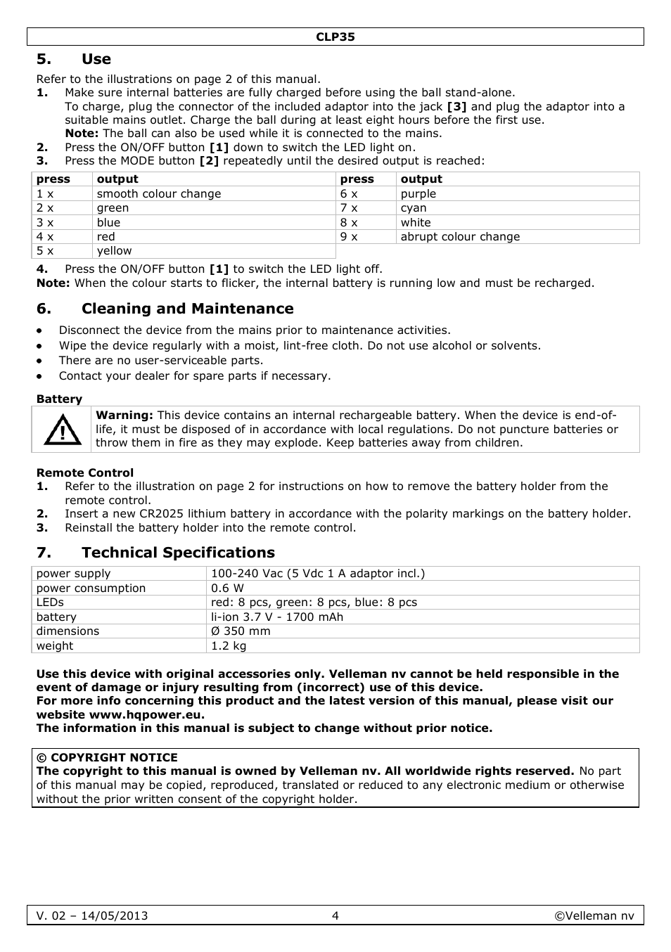 Cleaning and maintenance, Battery, Remote control | Technical specifications | Velleman CLP35 User Manual | Page 4 / 14