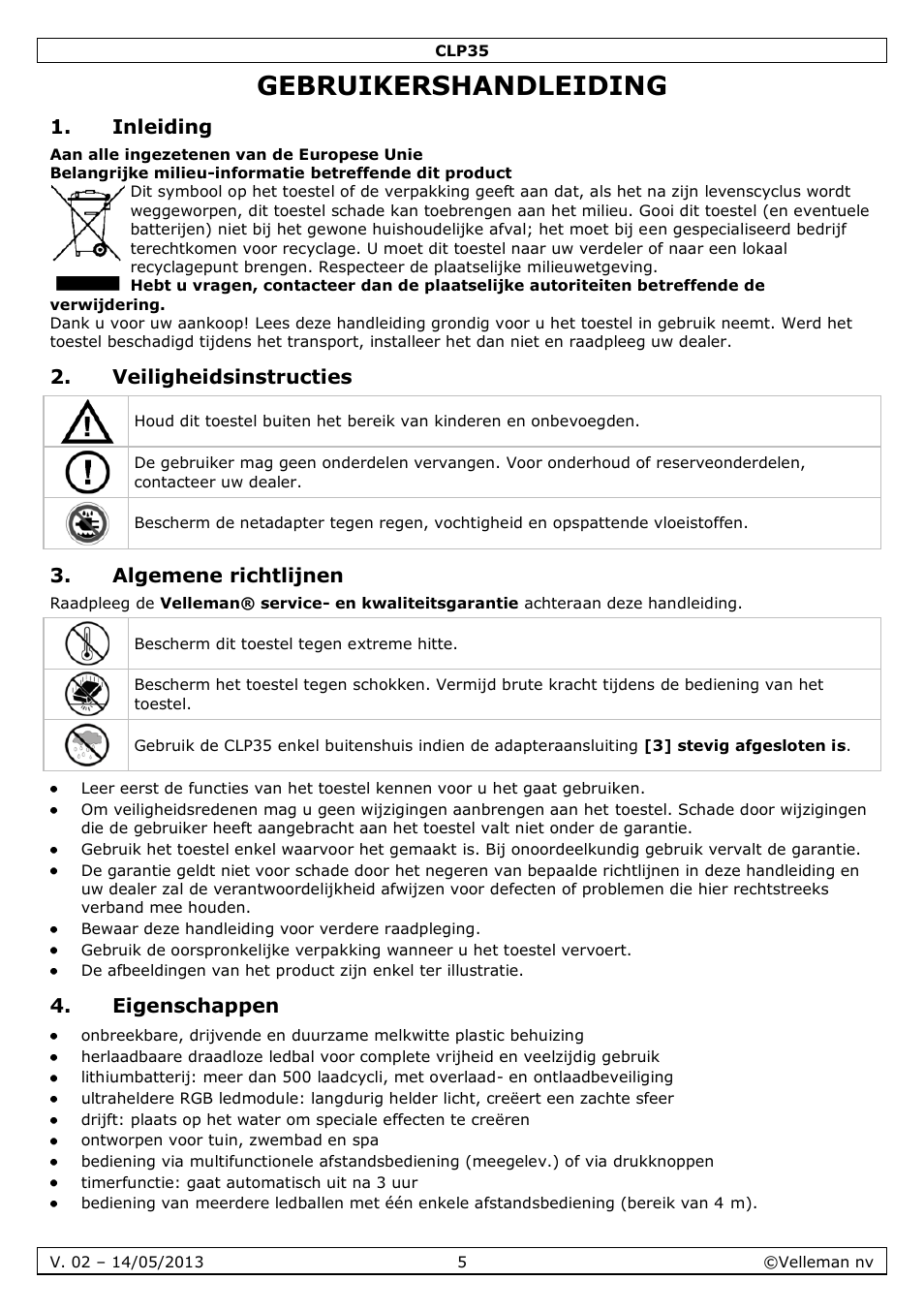 Gebruikershandleiding, Inleiding, Veiligheidsinstructies | Algemene richtlijnen, Eigenschappen | Velleman CLP35 User Manual | Page 5 / 14