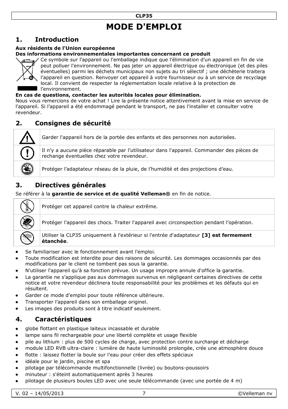 Mode d'emploi, Introduction, Consignes de sécurité | Directives générales, Caractéristiques | Velleman CLP35 User Manual | Page 7 / 14