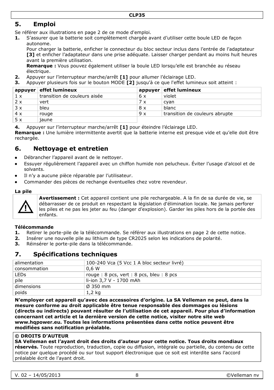 Emploi, Nettoyage et entretien, La pile | Télécommande, Spécifications techniques | Velleman CLP35 User Manual | Page 8 / 14