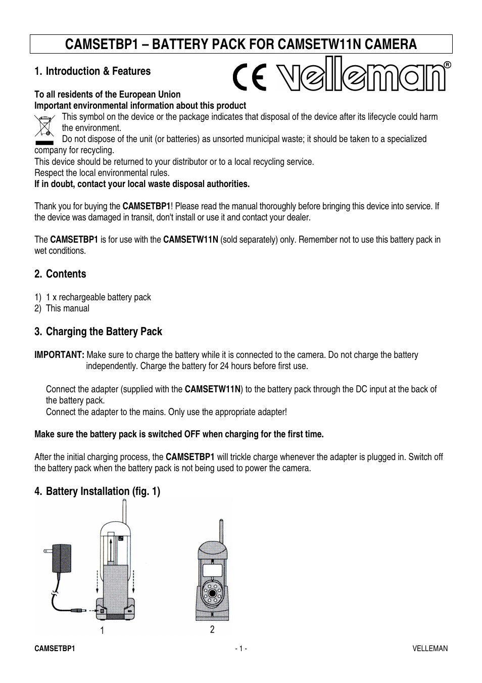 Velleman CAMSETBP1 User Manual | 5 pages
