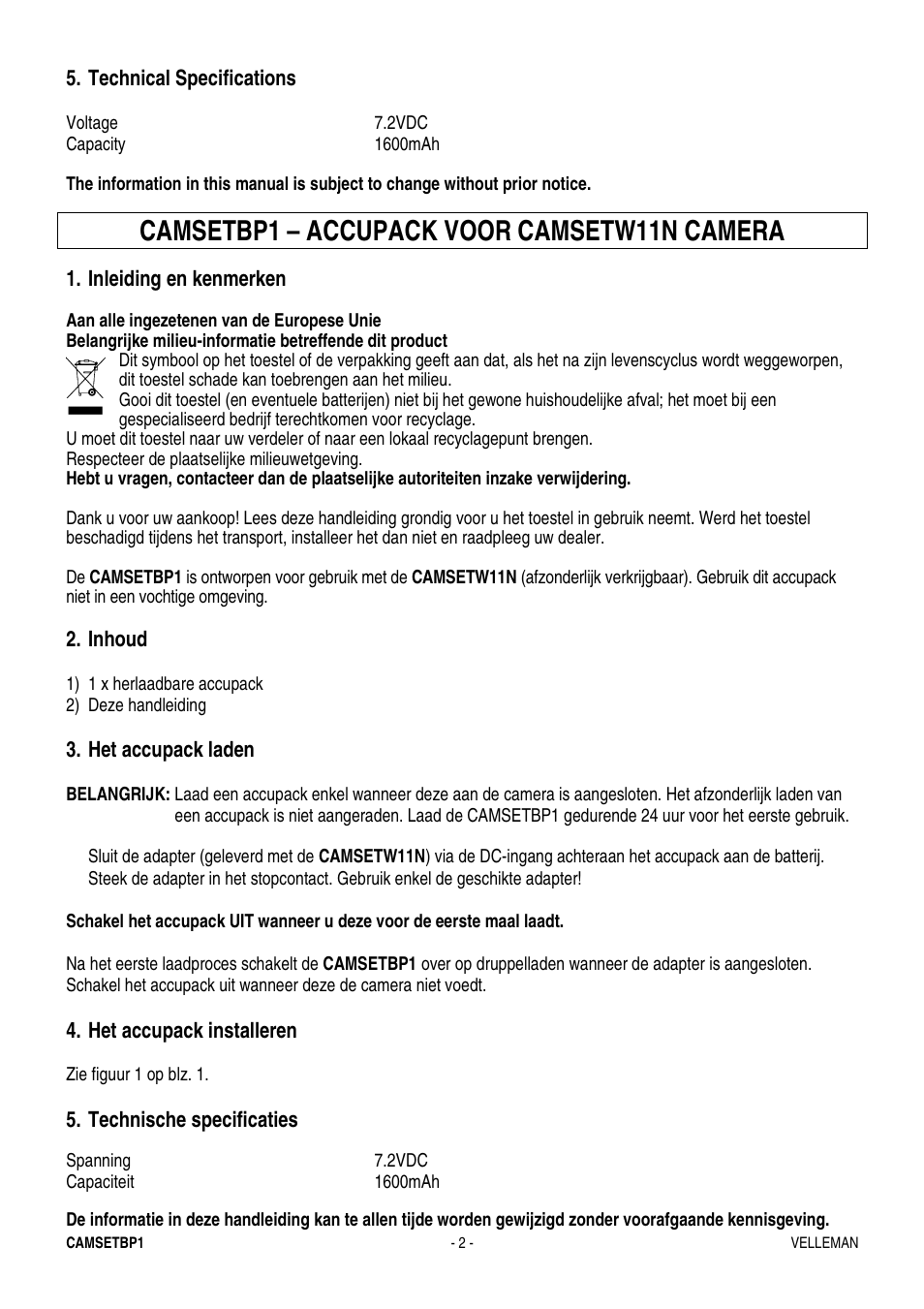 Camsetbp1 – accupack voor camsetw11n camera | Velleman CAMSETBP1 User Manual | Page 2 / 5