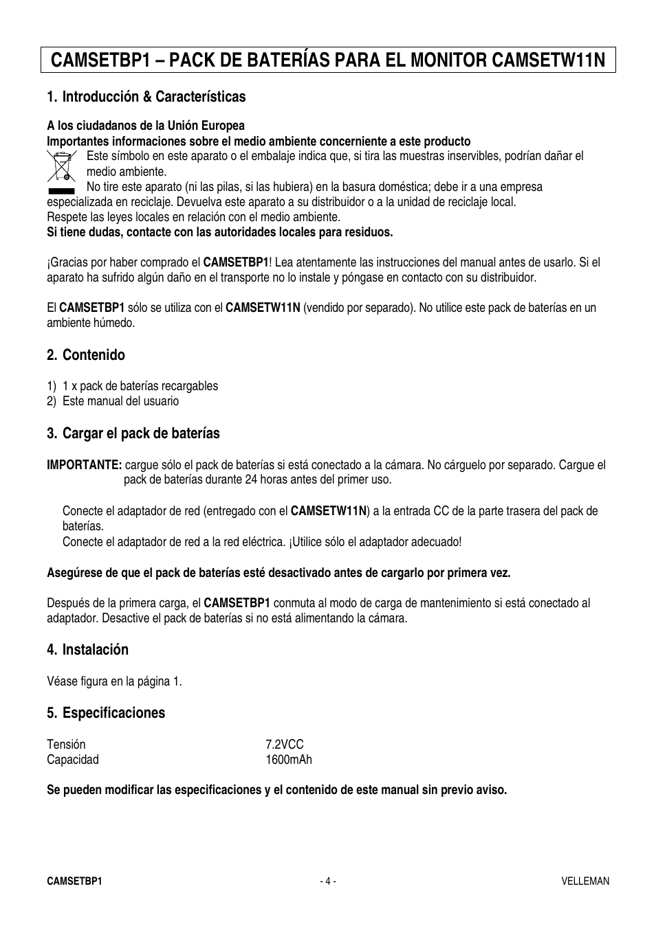Velleman CAMSETBP1 User Manual | Page 4 / 5