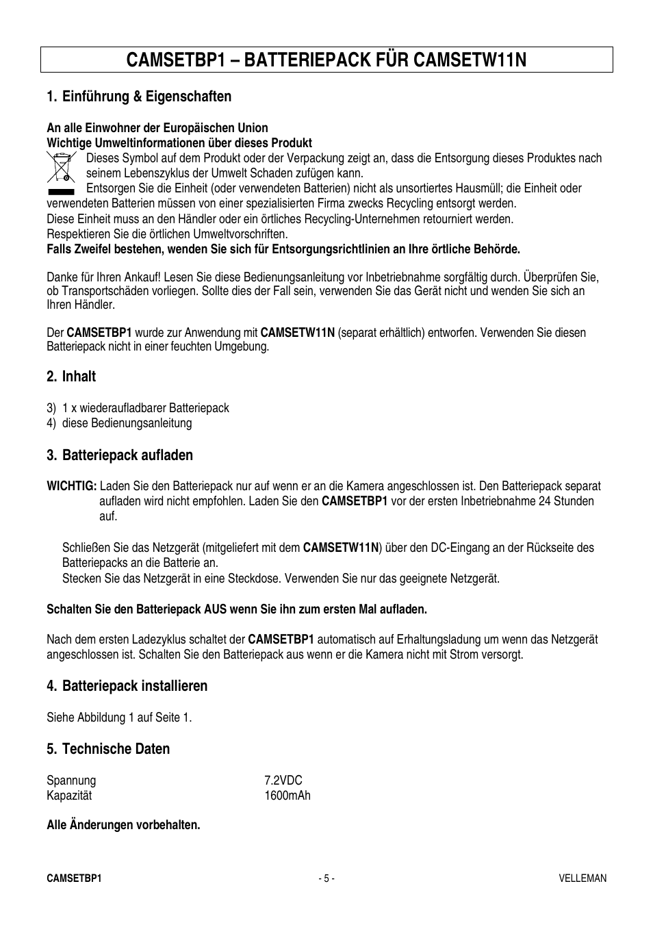 Camsetbp1 – batteriepack für camsetw11n | Velleman CAMSETBP1 User Manual | Page 5 / 5