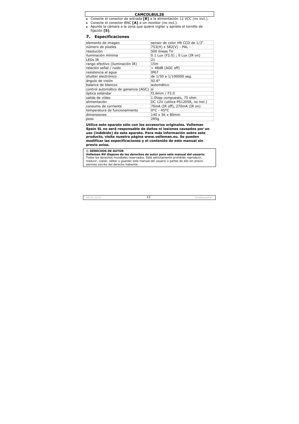 Velleman CAMCOLBUL26 User Manual | Page 12 / 26