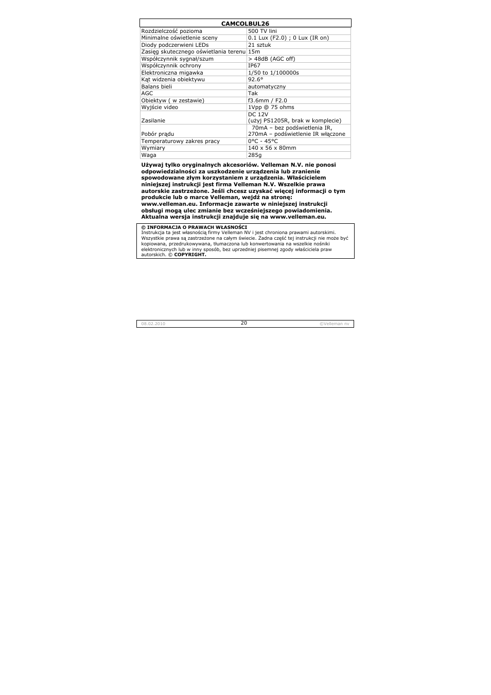 Velleman CAMCOLBUL26 User Manual | Page 20 / 26