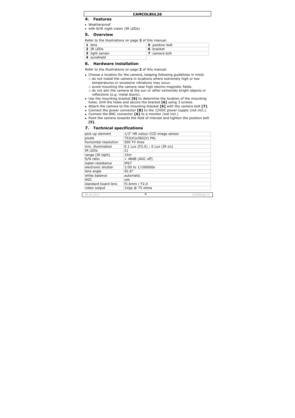 Velleman CAMCOLBUL26 User Manual | Page 4 / 26