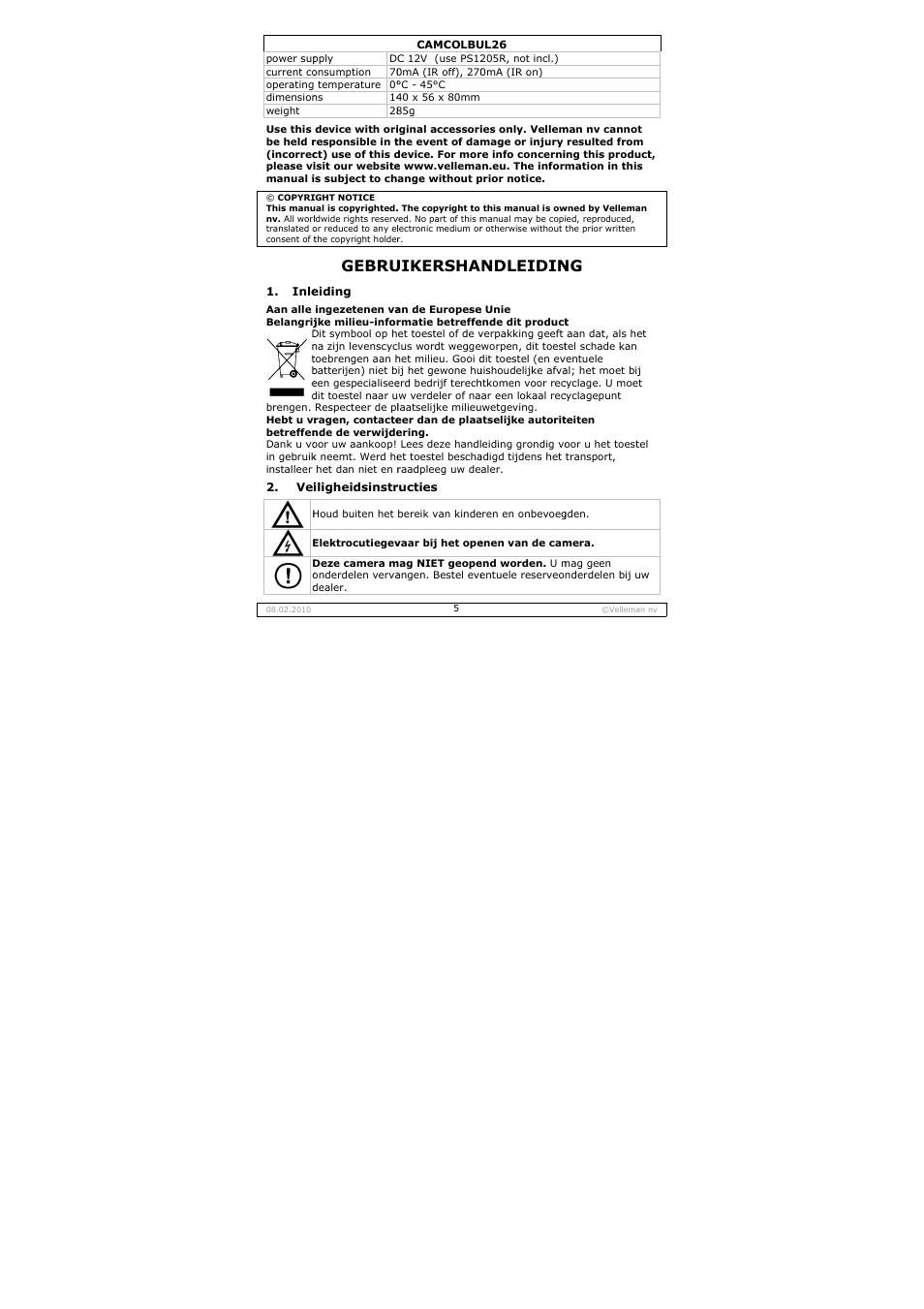 Gebru, Uikersha, Ndleidin | Velleman CAMCOLBUL26 User Manual | Page 5 / 26