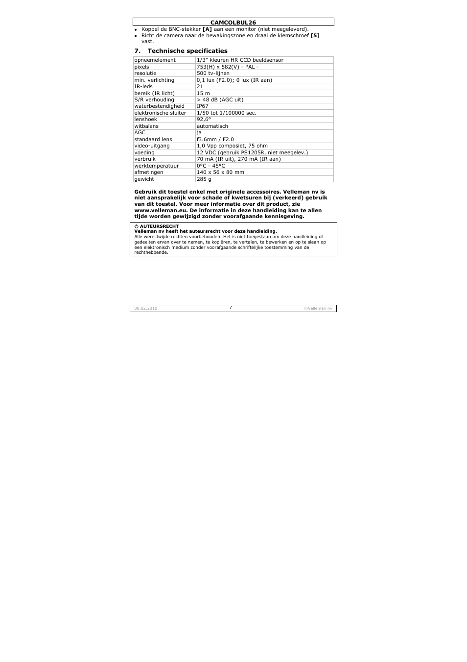 Velleman CAMCOLBUL26 User Manual | Page 7 / 26