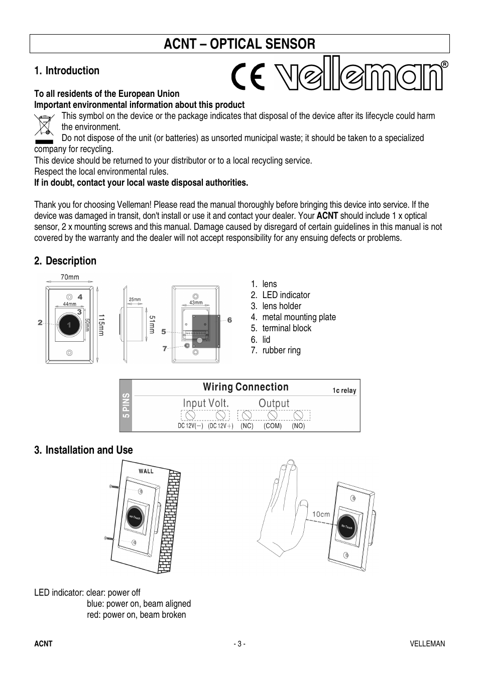 Acnt – optical sensor | Velleman ACNT User Manual | Page 3 / 8