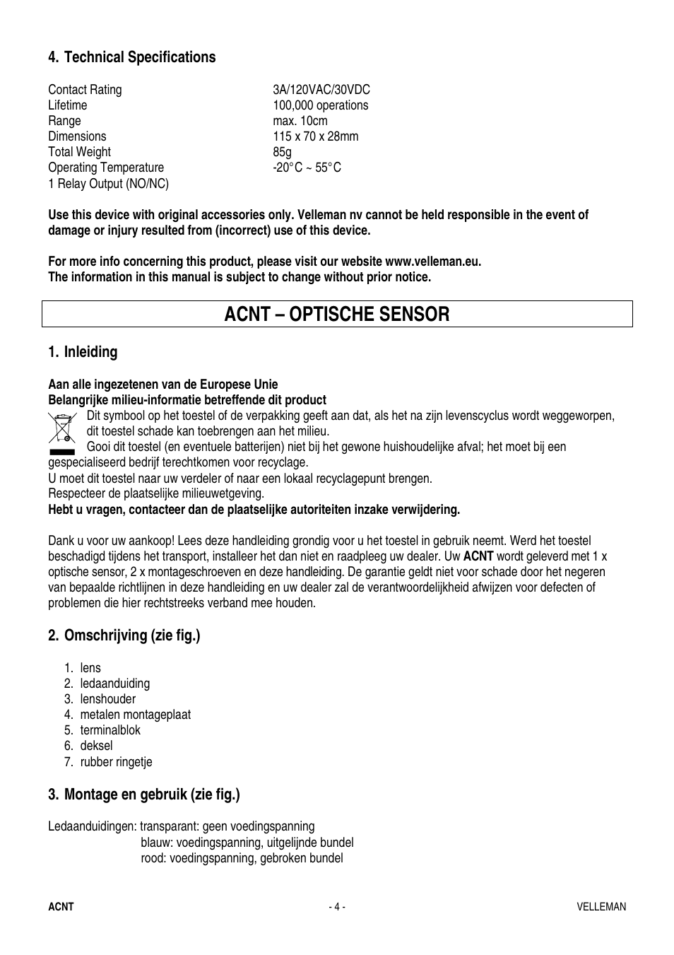 Acnt – optische sensor | Velleman ACNT User Manual | Page 4 / 8