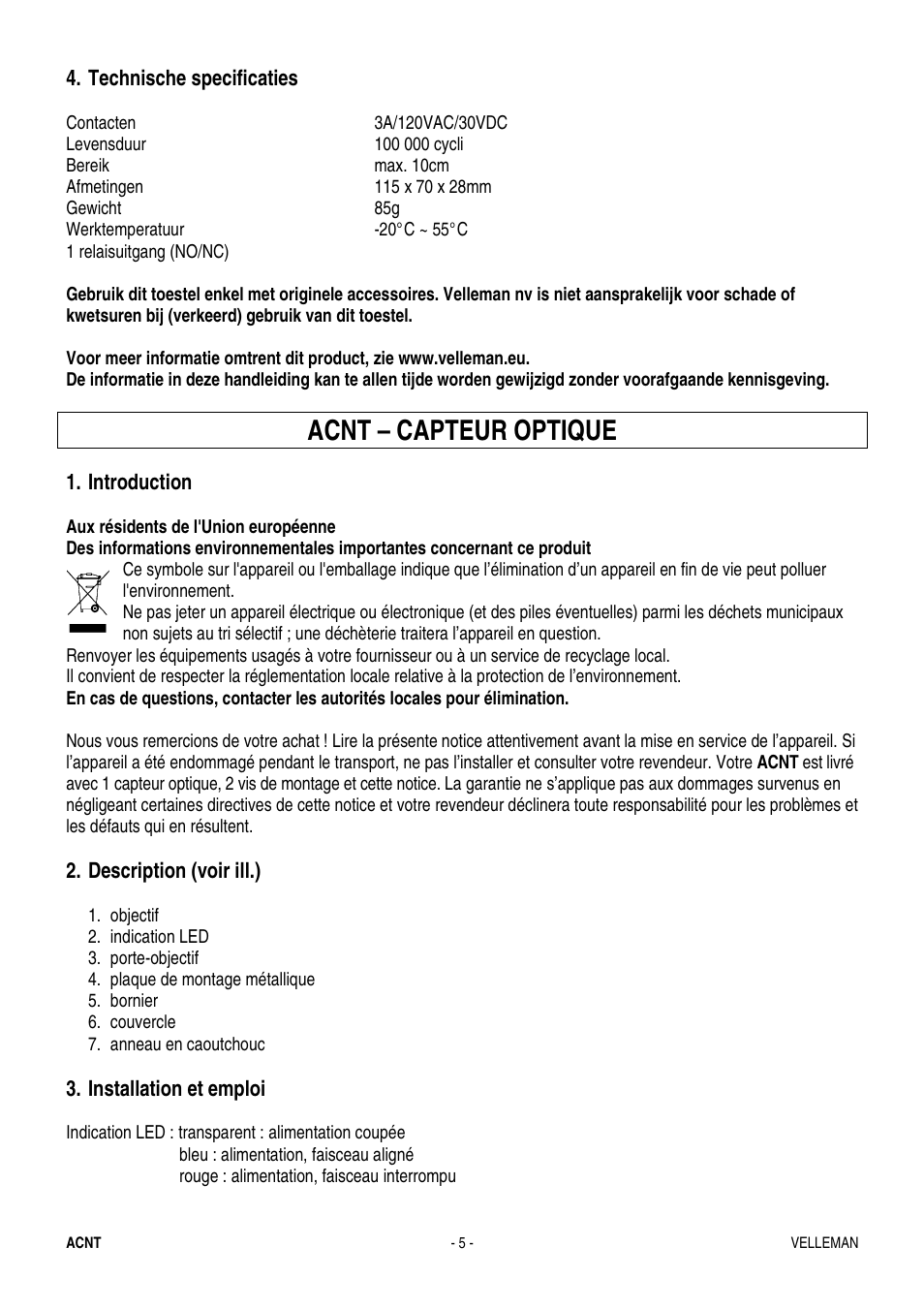 Acnt – capteur optique | Velleman ACNT User Manual | Page 5 / 8