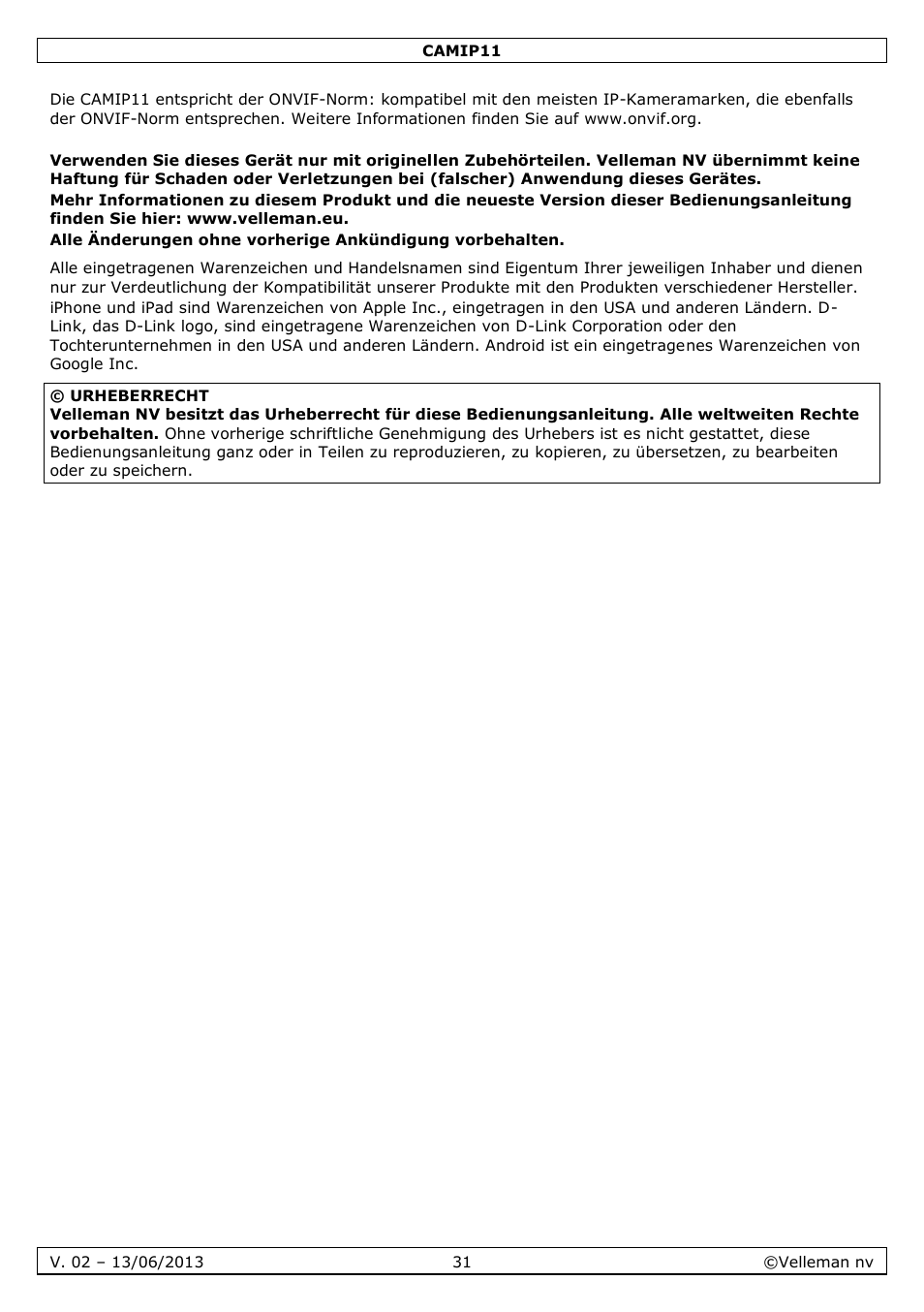 Velleman CAMIP11 User manual User Manual | Page 31 / 33