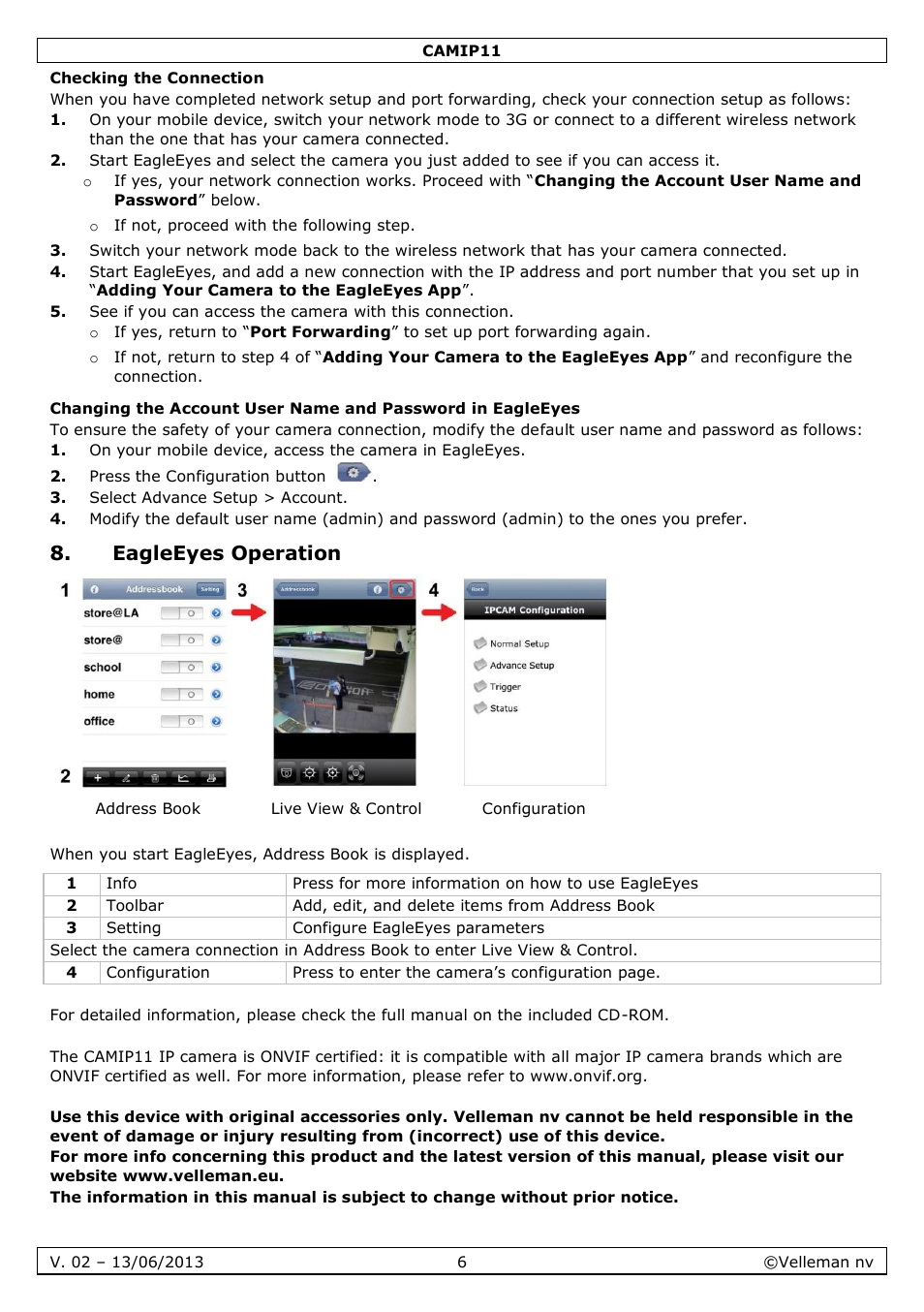 Checking the connection, Eagleeyes operation | Velleman CAMIP11 User manual User Manual | Page 6 / 33