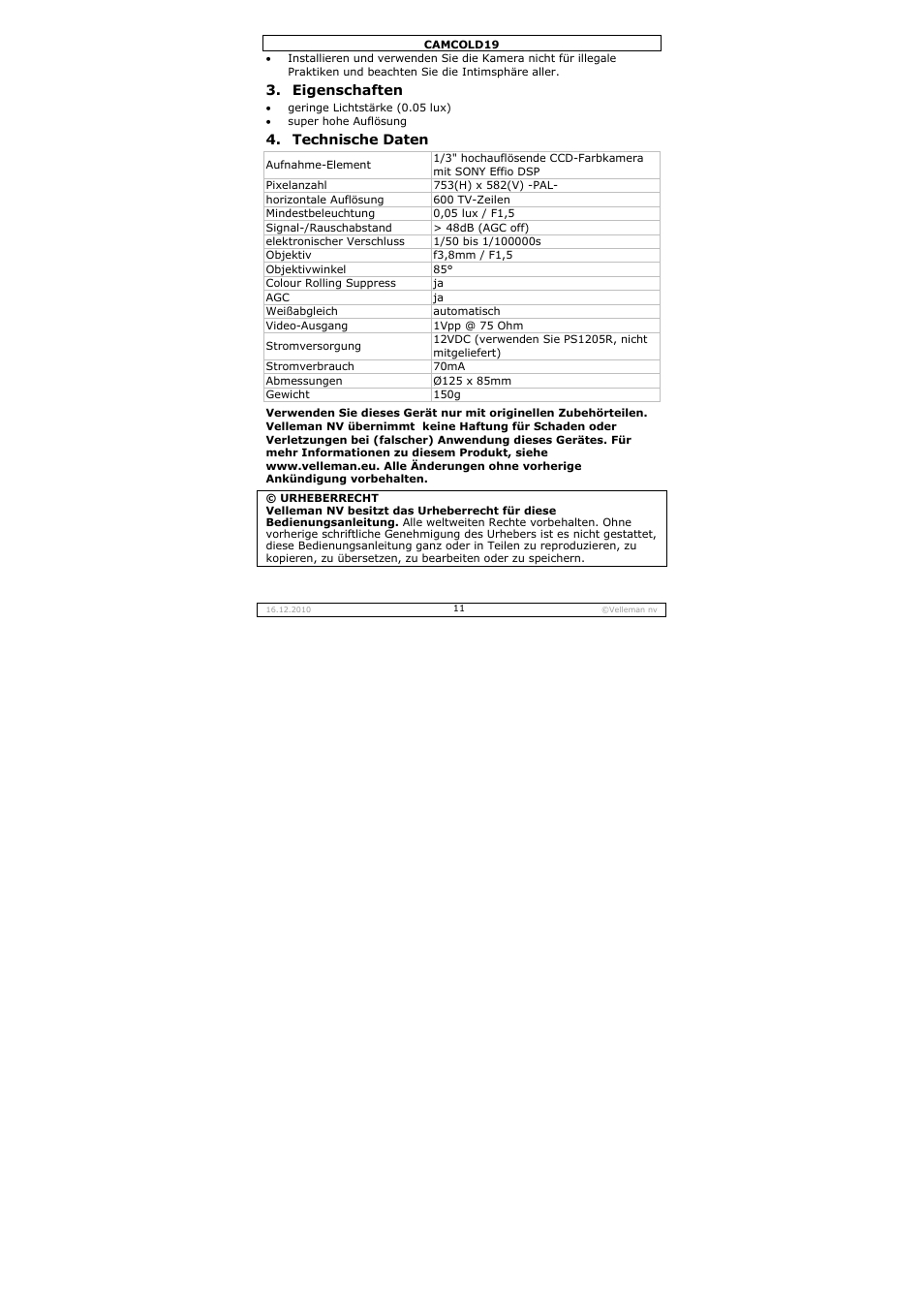 Eigenschaften, Technische daten | Velleman CAMCOLD19 User Manual | Page 11 / 16