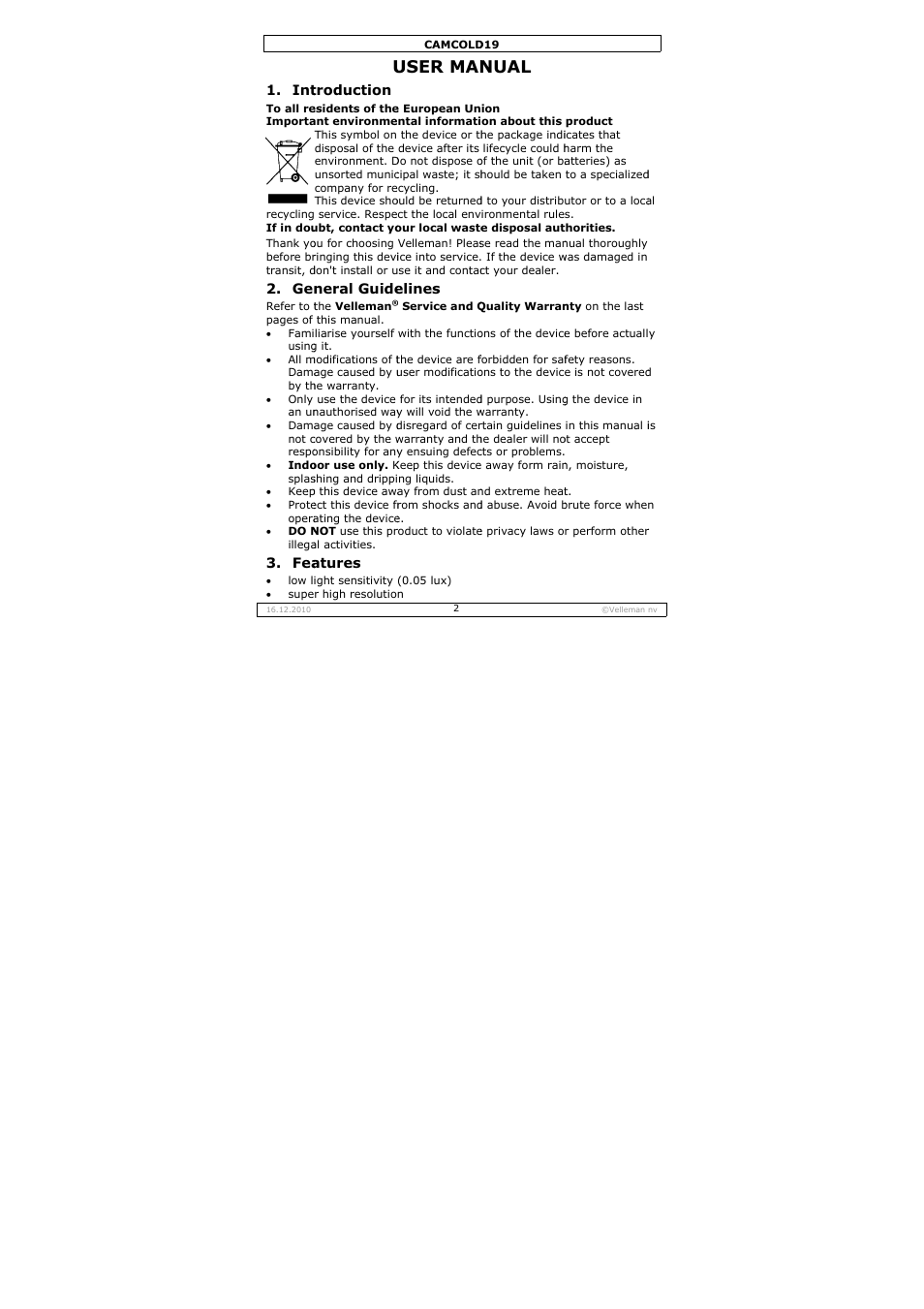 User man, Nual | Velleman CAMCOLD19 User Manual | Page 2 / 16