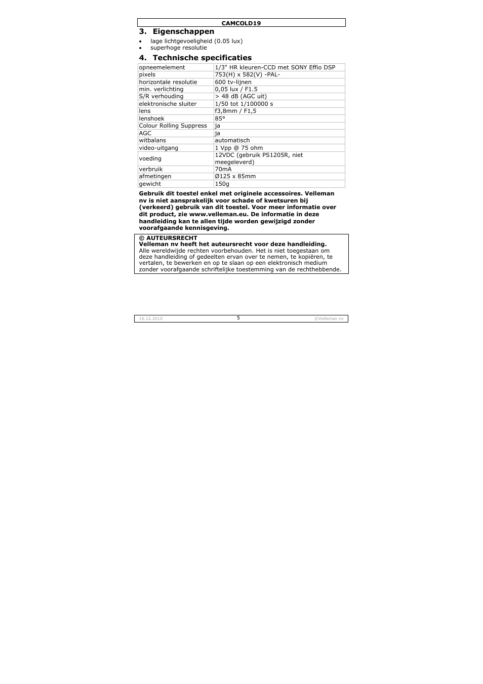 Eigenschappen, Technische specificaties | Velleman CAMCOLD19 User Manual | Page 5 / 16