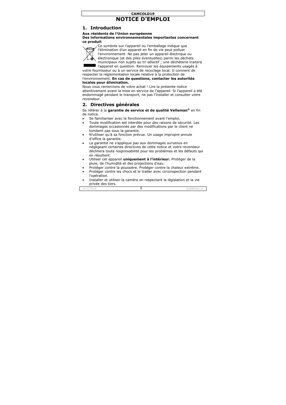 Otice d’e, Emploi | Velleman CAMCOLD19 User Manual | Page 6 / 16