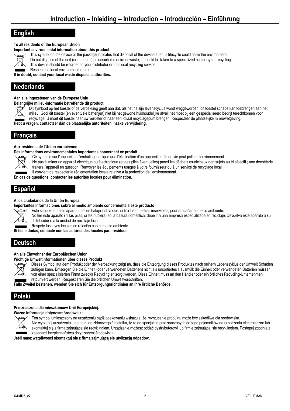 English, Nederlands, Français | Español, Deutsch, Polski | Velleman CAMD5 User Manual | Page 2 / 5