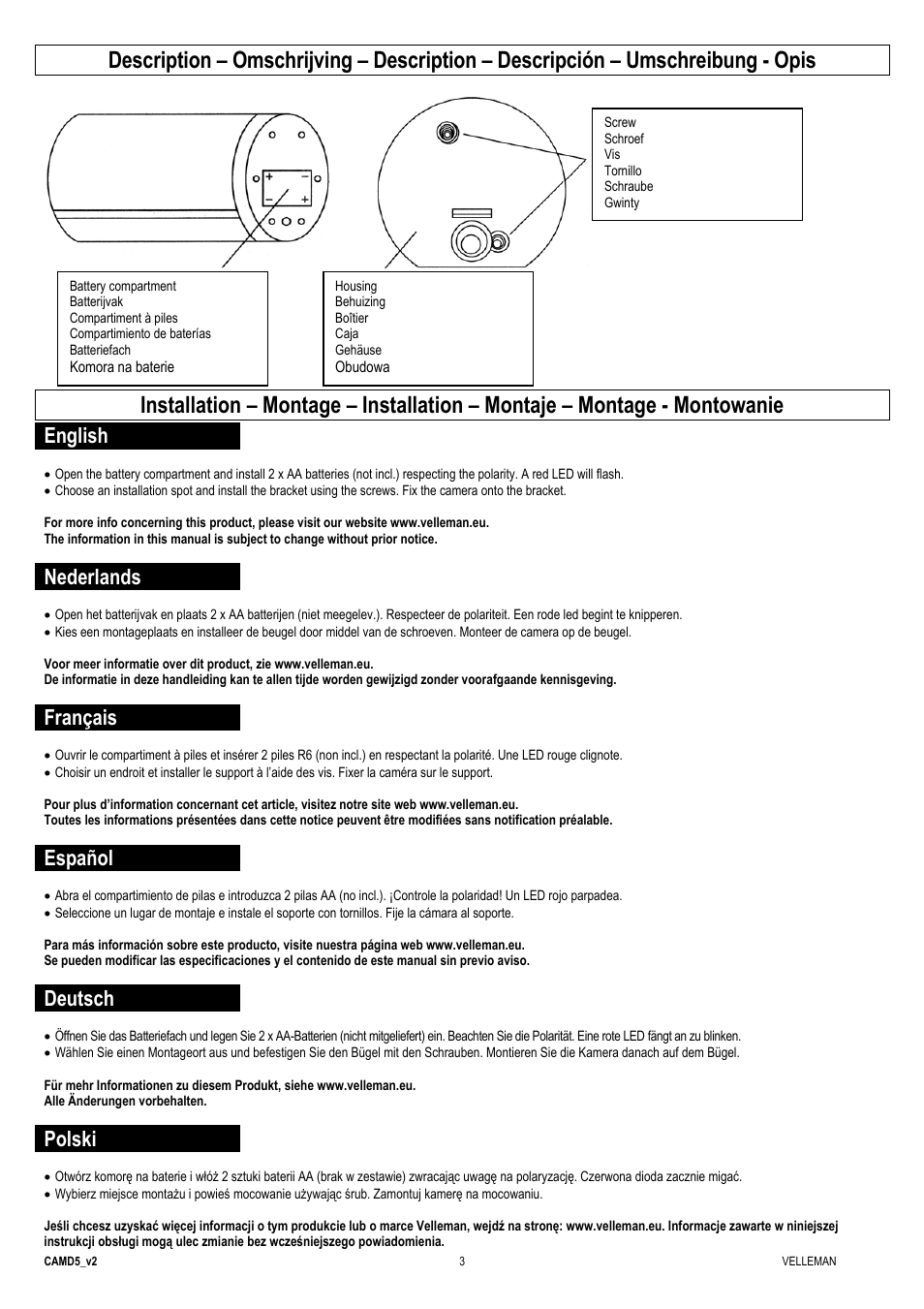 English, Nederlands, Français | Español, Deutsch, Polski | Velleman CAMD5 User Manual | Page 3 / 5