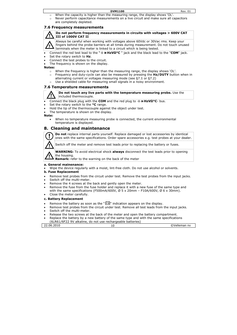 Eaning and, D mainten, Nance | Velleman DVM1100 User Manual | Page 10 / 70