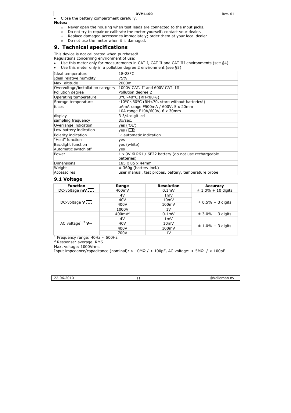 Chnical sp, Pecification | Velleman DVM1100 User Manual | Page 11 / 70
