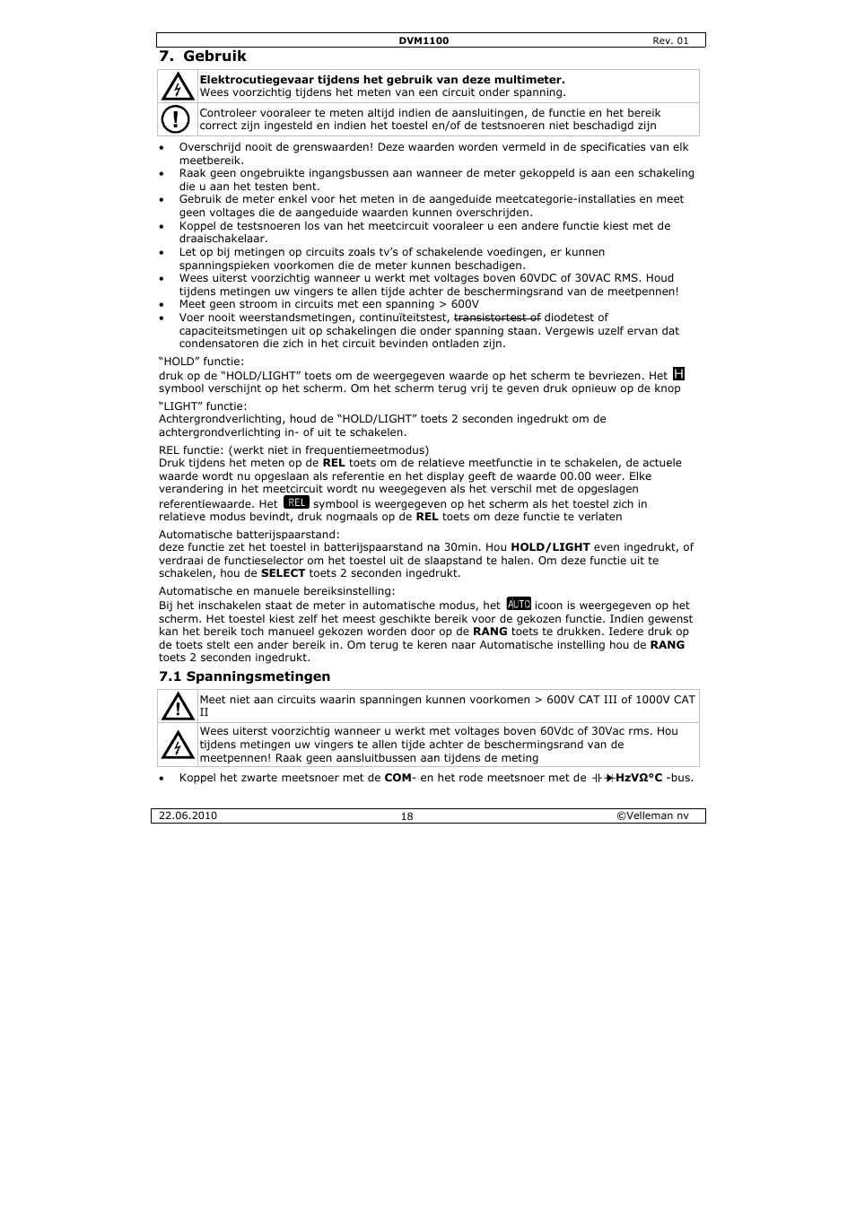 Ebruik | Velleman DVM1100 User Manual | Page 18 / 70