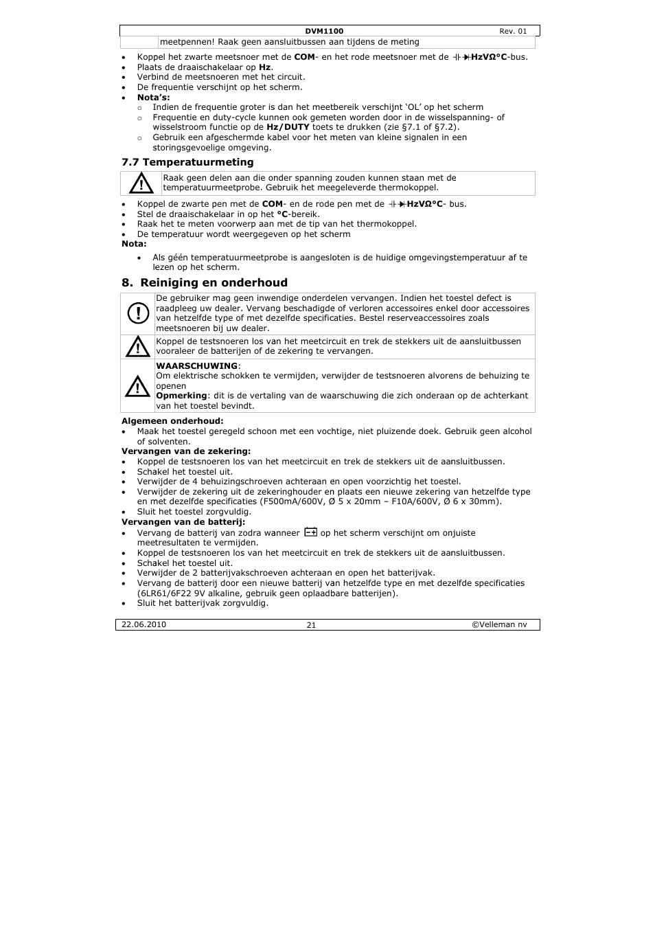 Einiging en, N onderhou | Velleman DVM1100 User Manual | Page 21 / 70