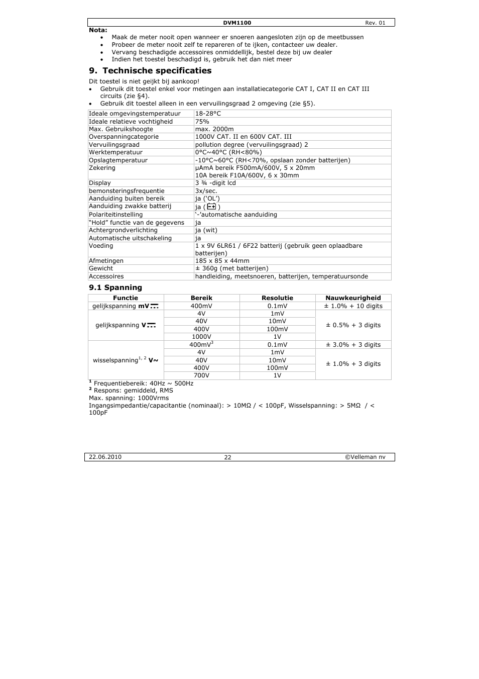 Chnische s, Specificati | Velleman DVM1100 User Manual | Page 22 / 70