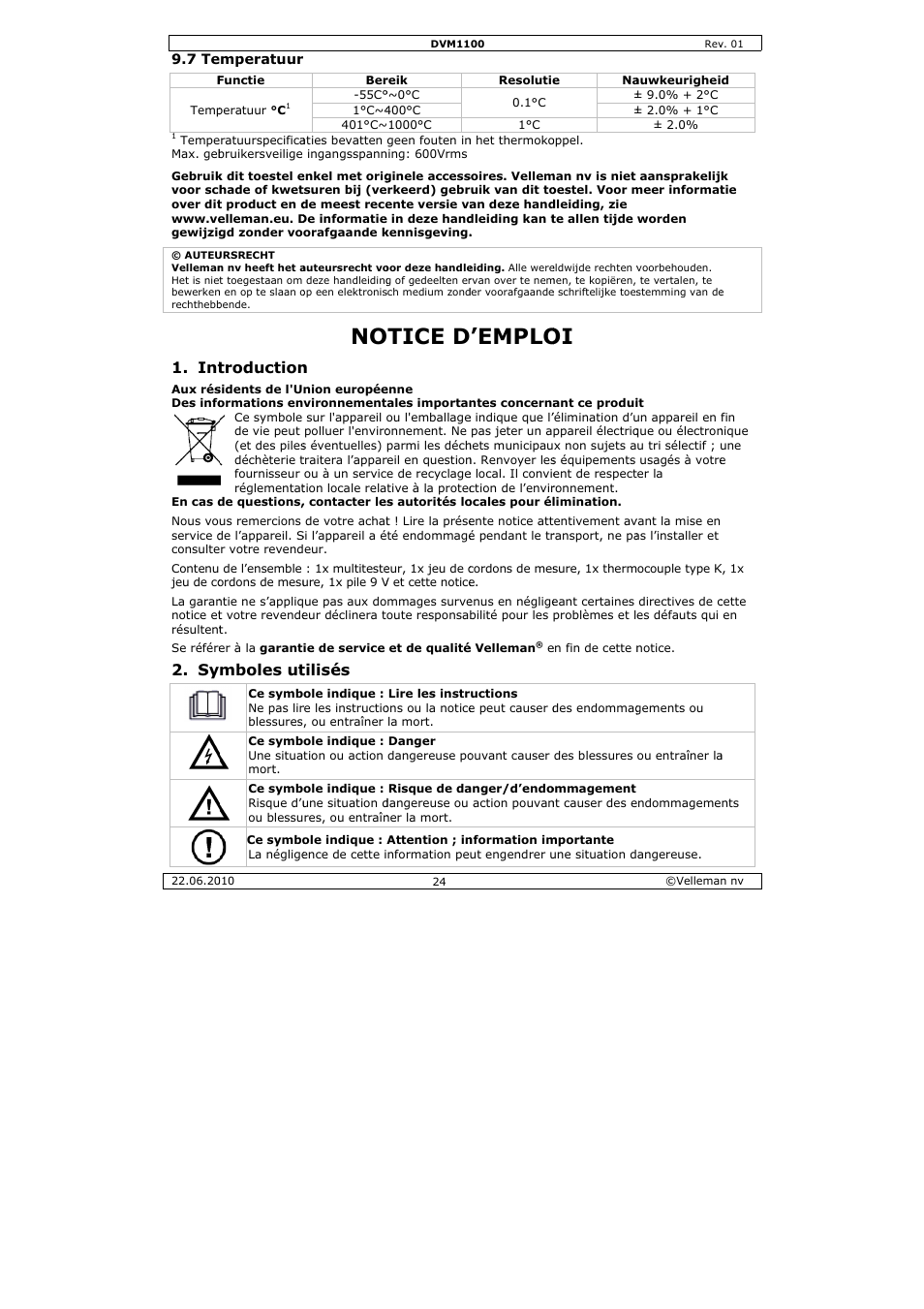 Tice d, Emplo, Troduction | Mboles ut, Tilisés | Velleman DVM1100 User Manual | Page 24 / 70