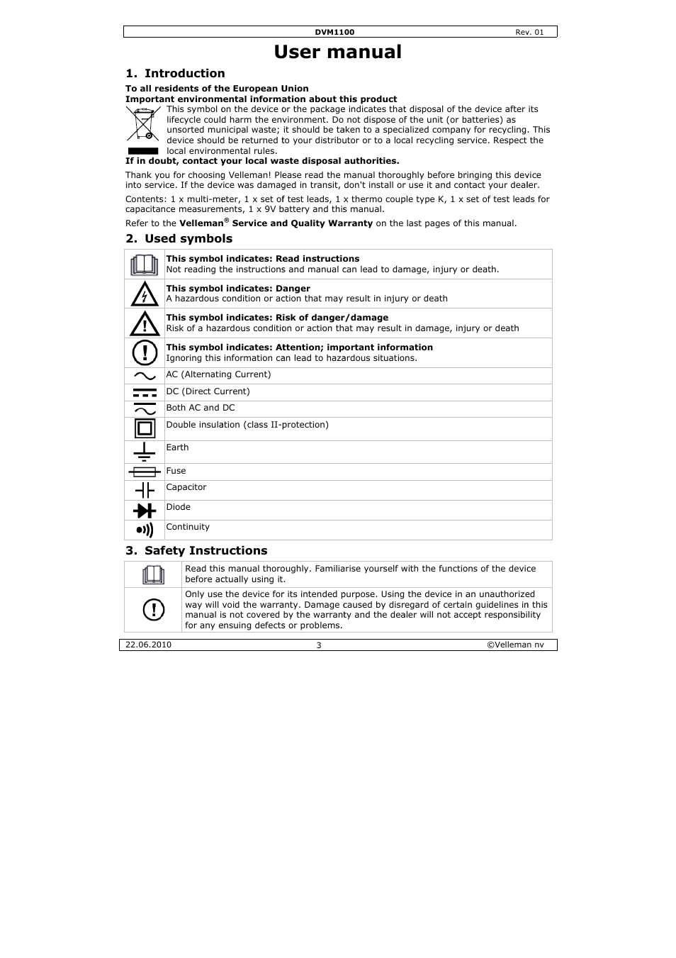 User m, Manual, Troduction | Ed symbo, Fety instr, Uctions | Velleman DVM1100 User Manual | Page 3 / 70