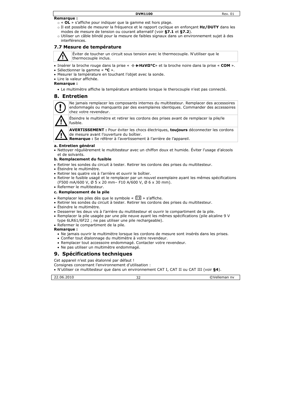 Tretien, Écification, Ns techniq | Ques | Velleman DVM1100 User Manual | Page 32 / 70