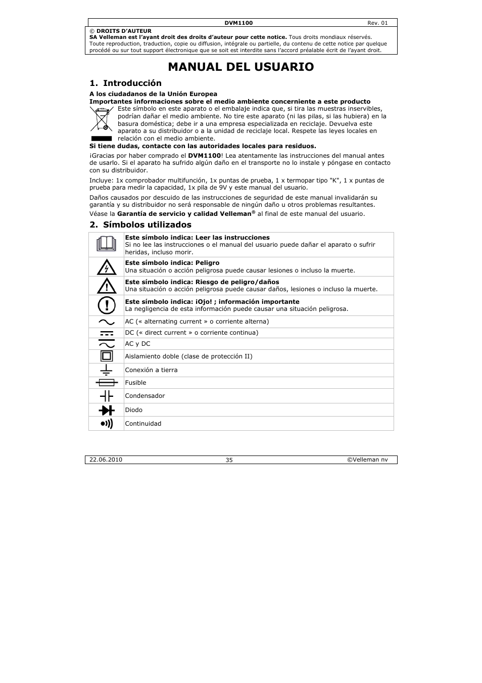 Manu, Ual del, L usua | Ario, Troducción, Mbolos uti, Ilizados | Velleman DVM1100 User Manual | Page 35 / 70
